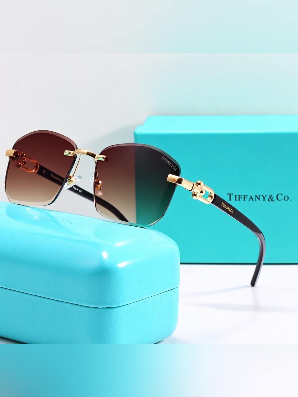 Tiffany & Co. Brown Gradient Rimless Sunglasses with Gold Accents